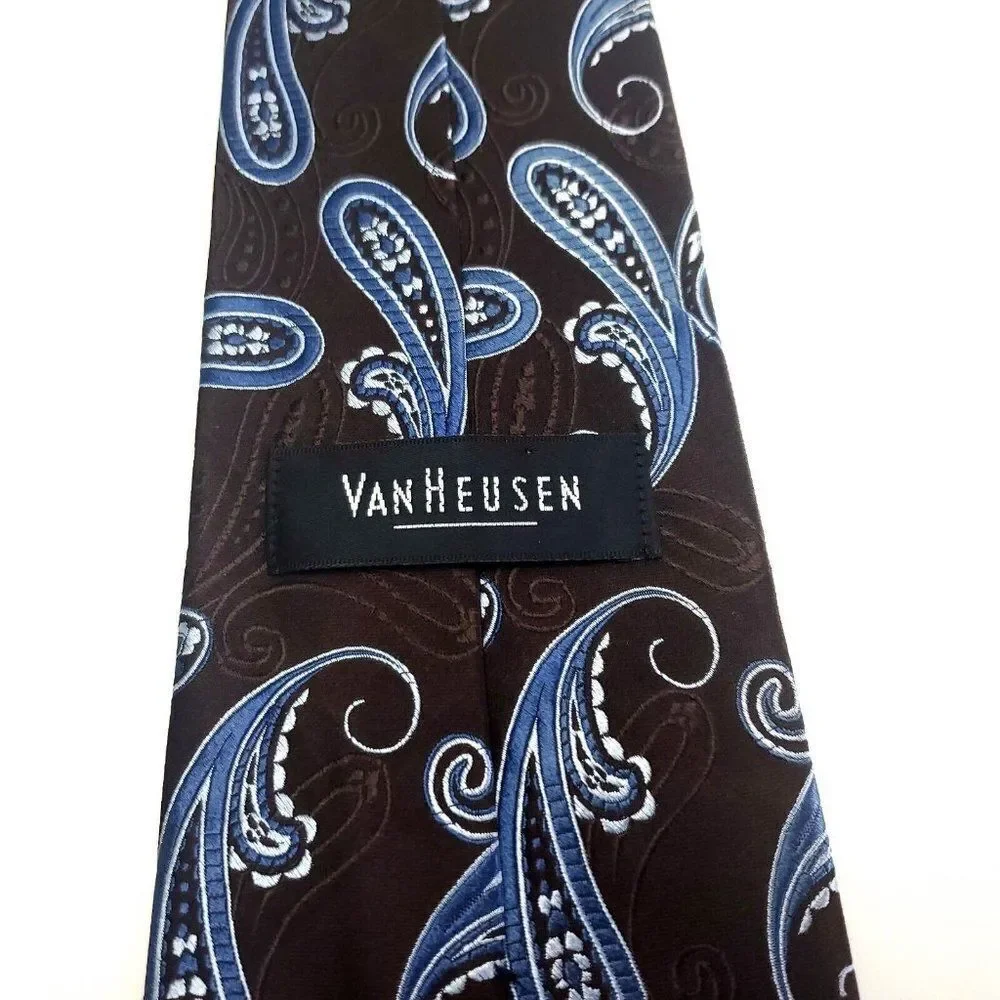 Van Heusen Brown Blue Silk Tie Woven‎ Paisley Wide
